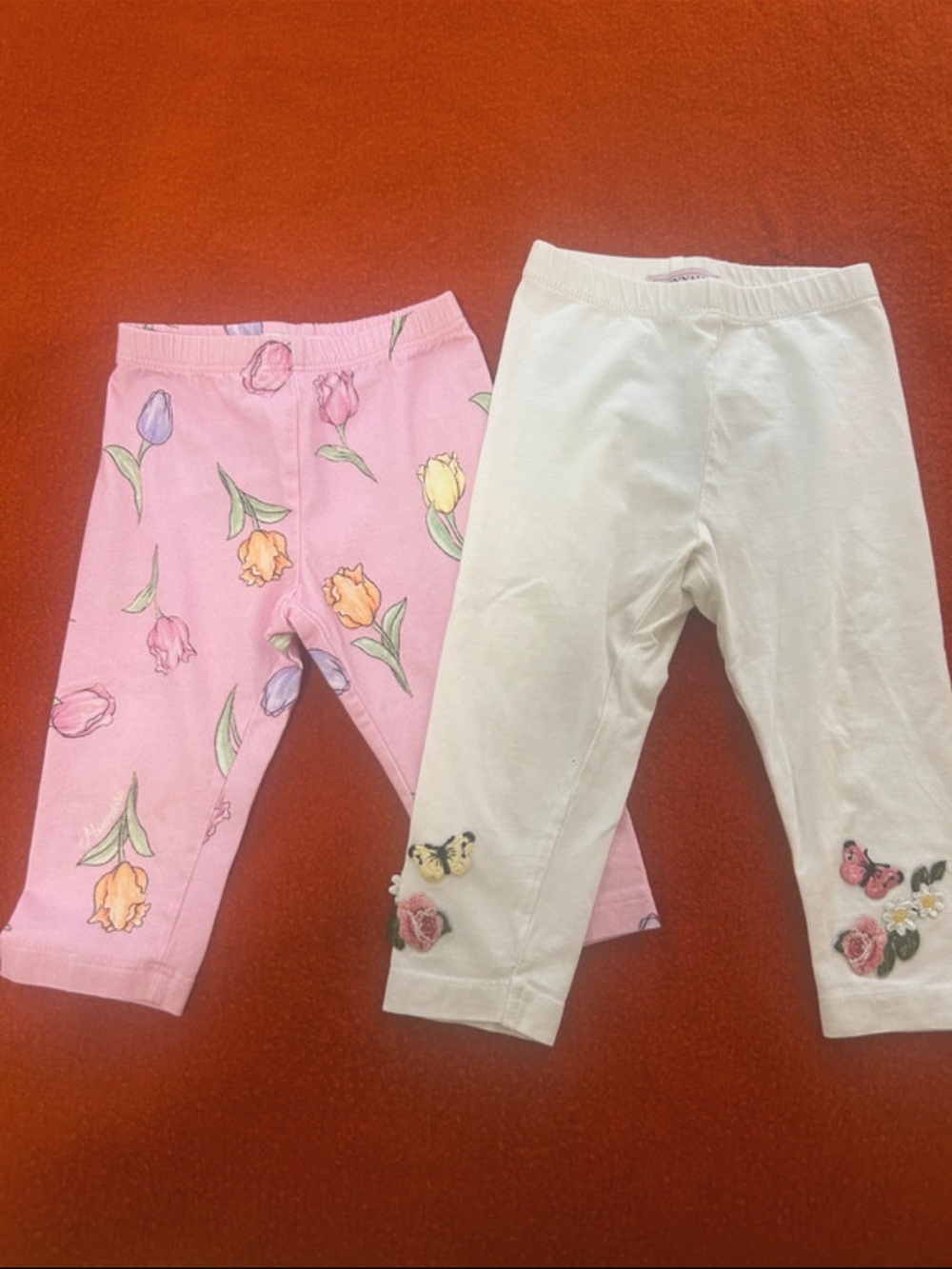 MonnaLisa Pink Tulip Print & Cream Butterfly Embroidered Leggings (Pair)